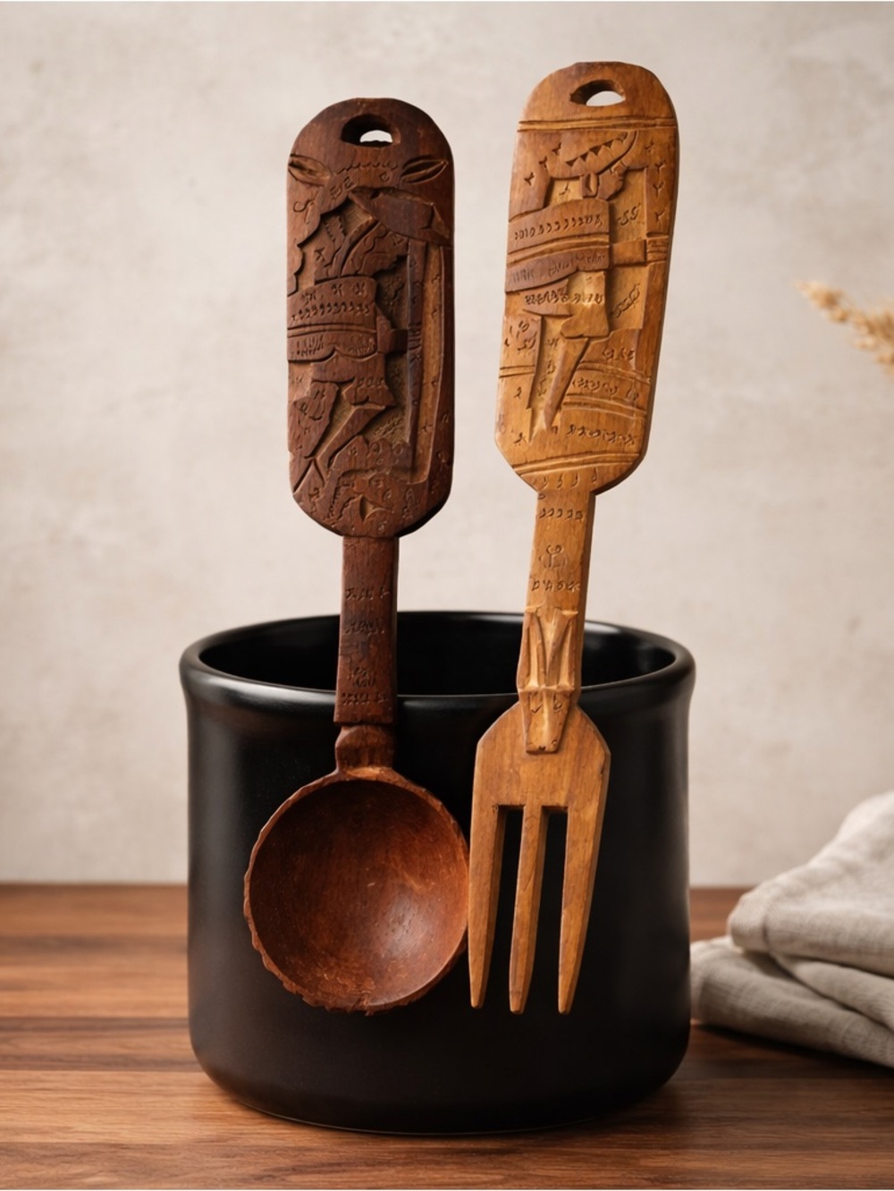 Vintage Hand Carved Large Wooden Spoon And Fork Wall Art SEE PICTURES.